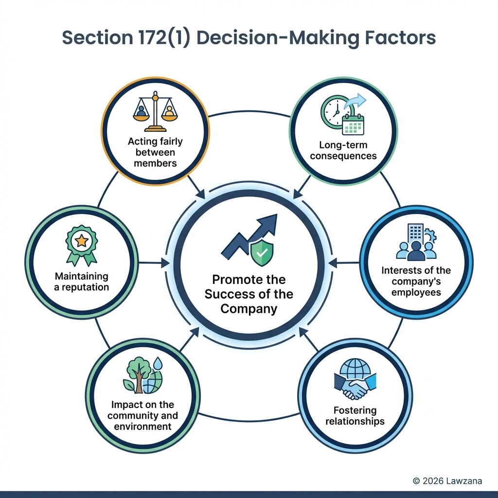 Infographic showing the six stakeholder factors under Section 172 of the UK Companies Act 2006.