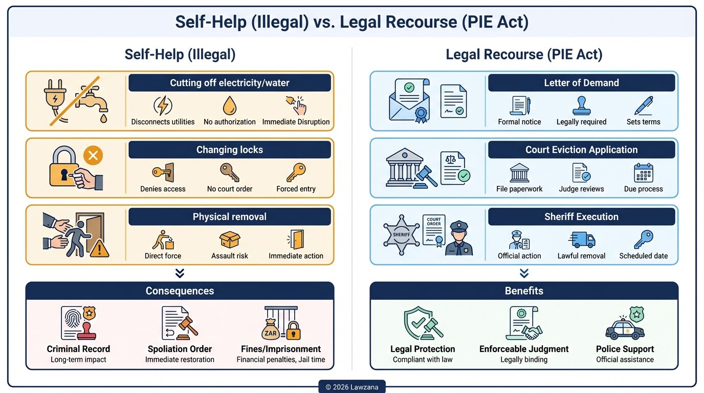 Comparison of illegal self-help actions versus legal eviction procedures in South Africa.