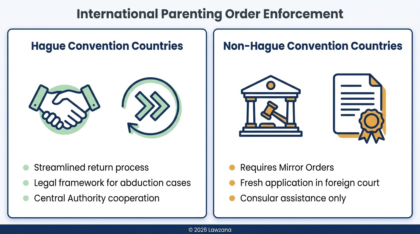Comparison of parenting order enforcement in Hague vs non-Hague Convention countries