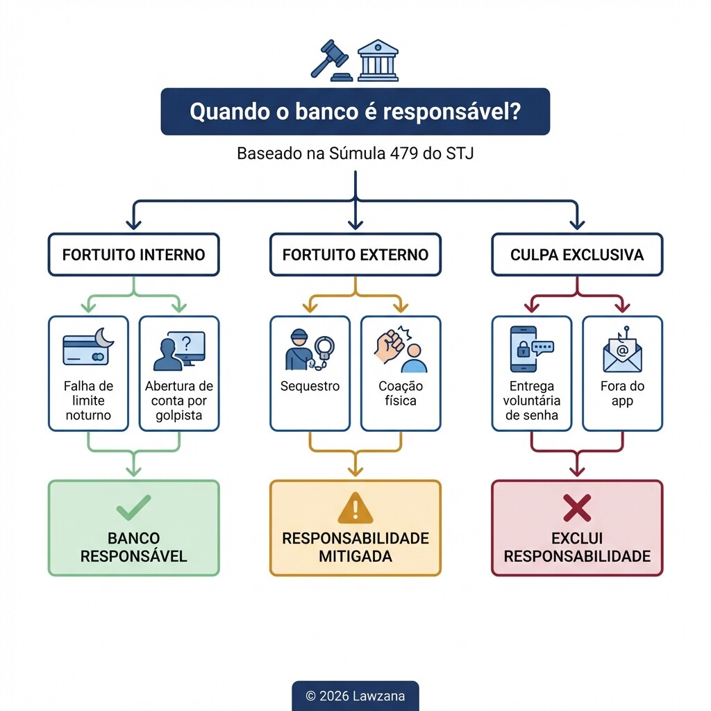 Diagrama explicativo sobre fortuito interno, externo e culpa exclusiva em fraudes bancárias.