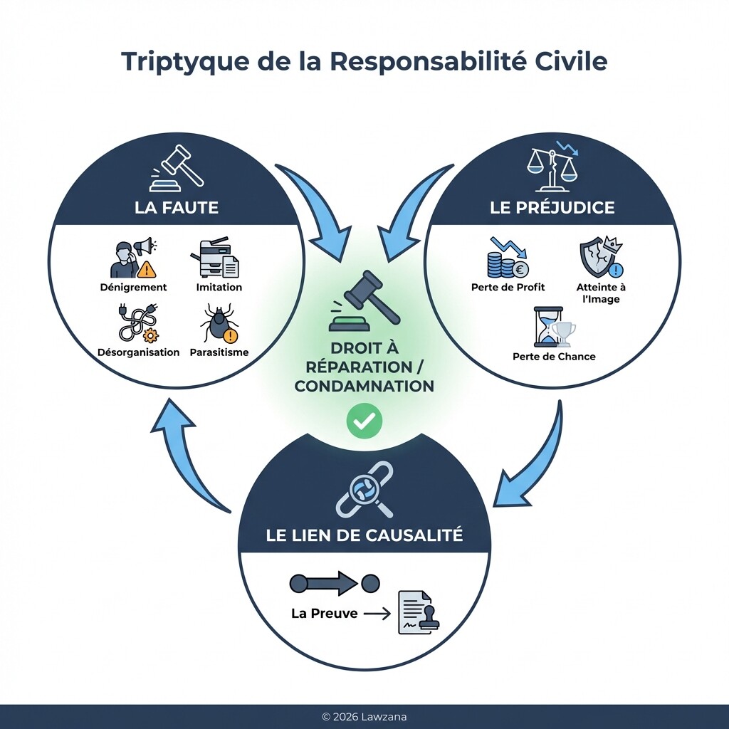 Schéma des conditions cumulatives : faute, préjudice et lien de causalité