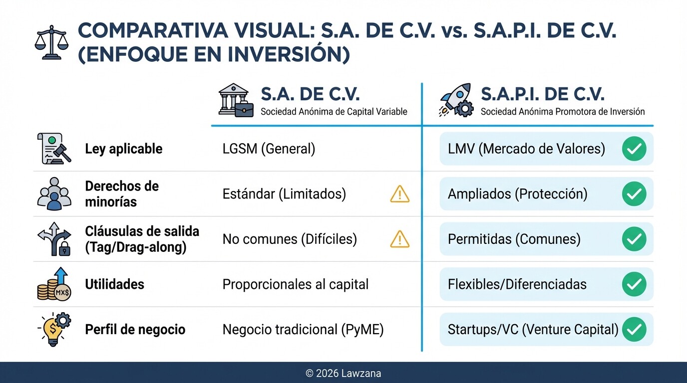 Cuadro comparativo entre S.A. de C.V. y S.A.P.I. de C.V. para inversionistas en México.