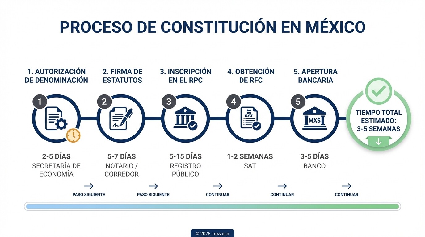 Línea de tiempo del proceso de constitución de una empresa en México indicando plazos y autoridades.