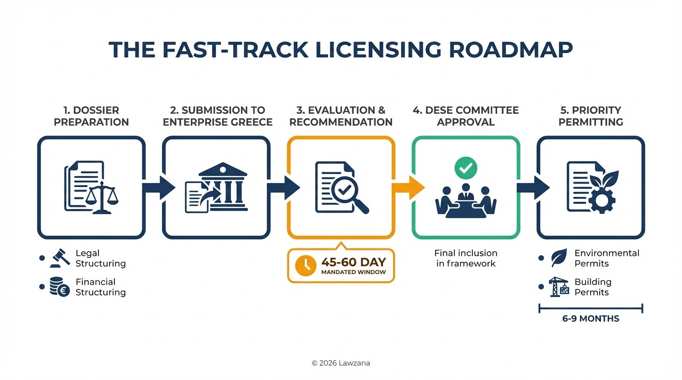 Timeline illustrating the 45-60 day fast-track approval process for Greek investment projects.