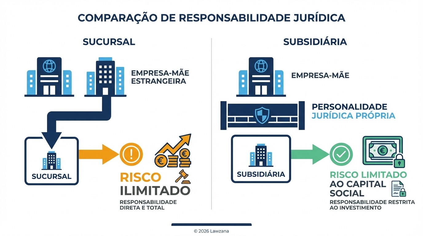 Diagrama comparativo da responsabilidade jurídica entre sucursal e subsidiária em Portugal.