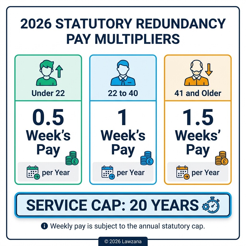 Visual guide to UK statutory redundancy pay calculation based on age and years of service.