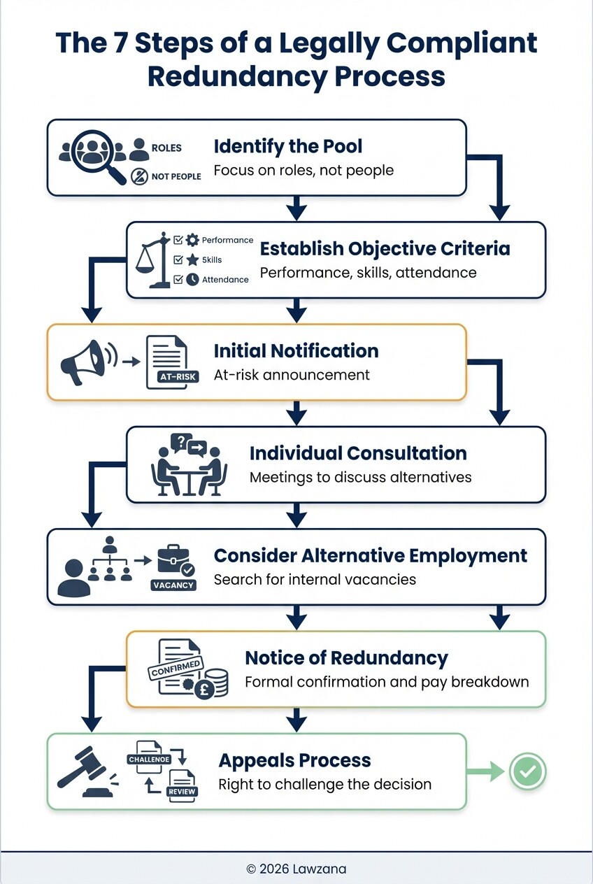 Flowchart outlining the 7-step chronological process for UK redundancy compliance.