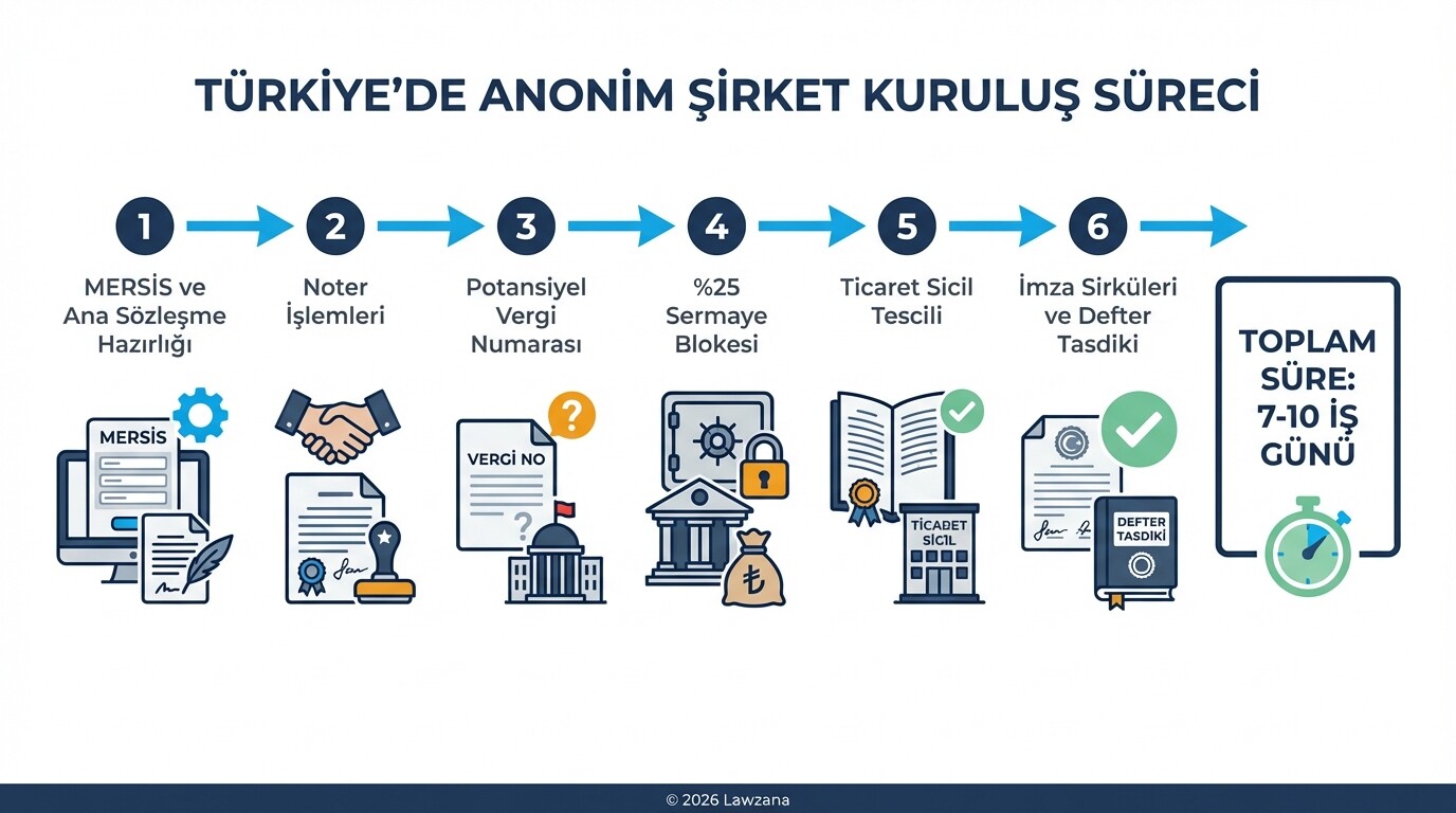 Türkiye'de Anonim Şirket kuruluş süreci adımları ve işlem sırası grafiği.