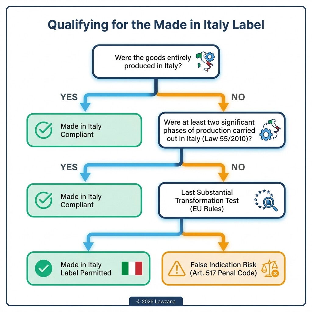 A decision tree diagram for determining 'Made in Italy' legal compliance.