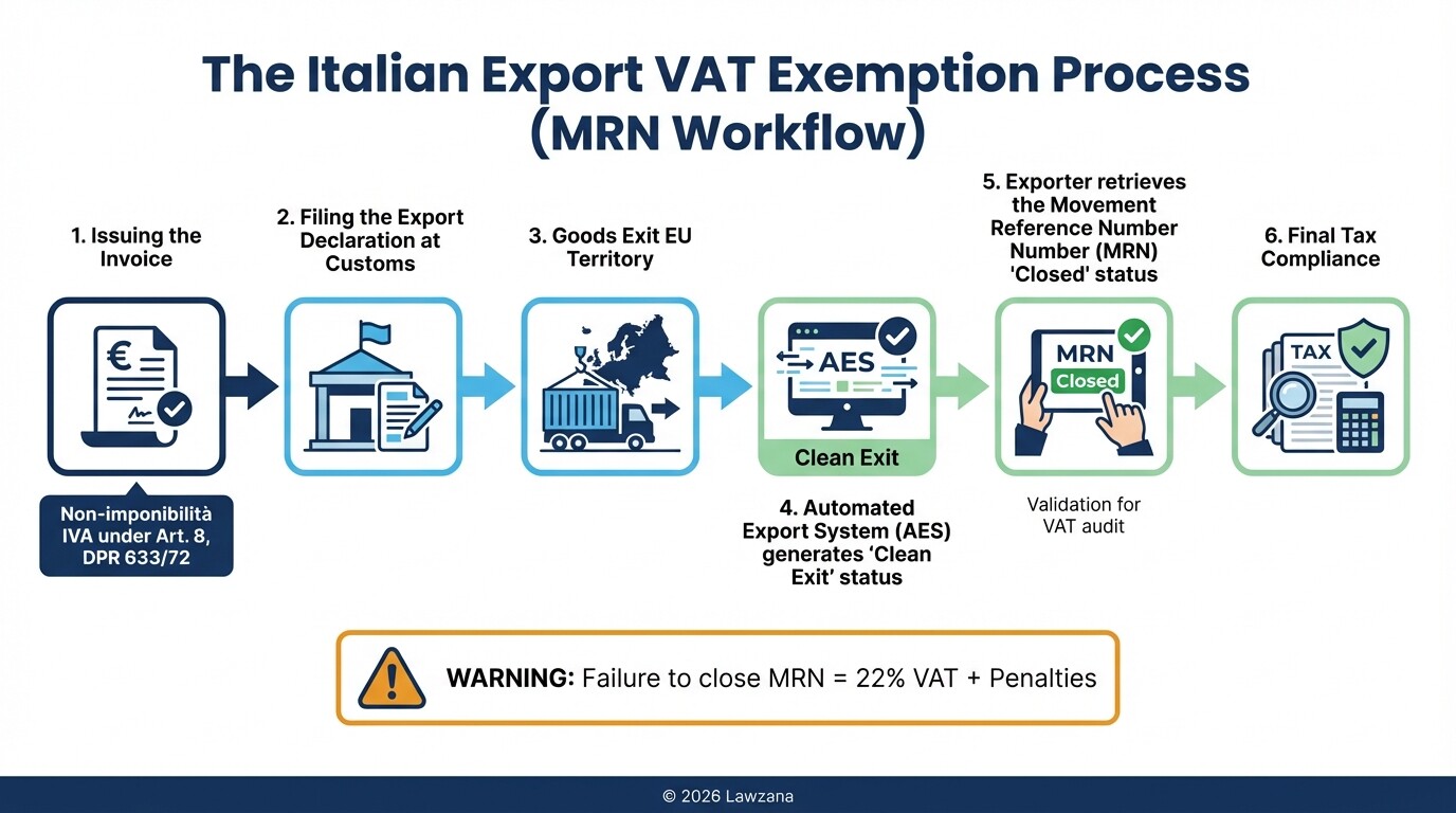 A step-by-step flowchart showing the MRN process for Italian VAT-exempt exports.