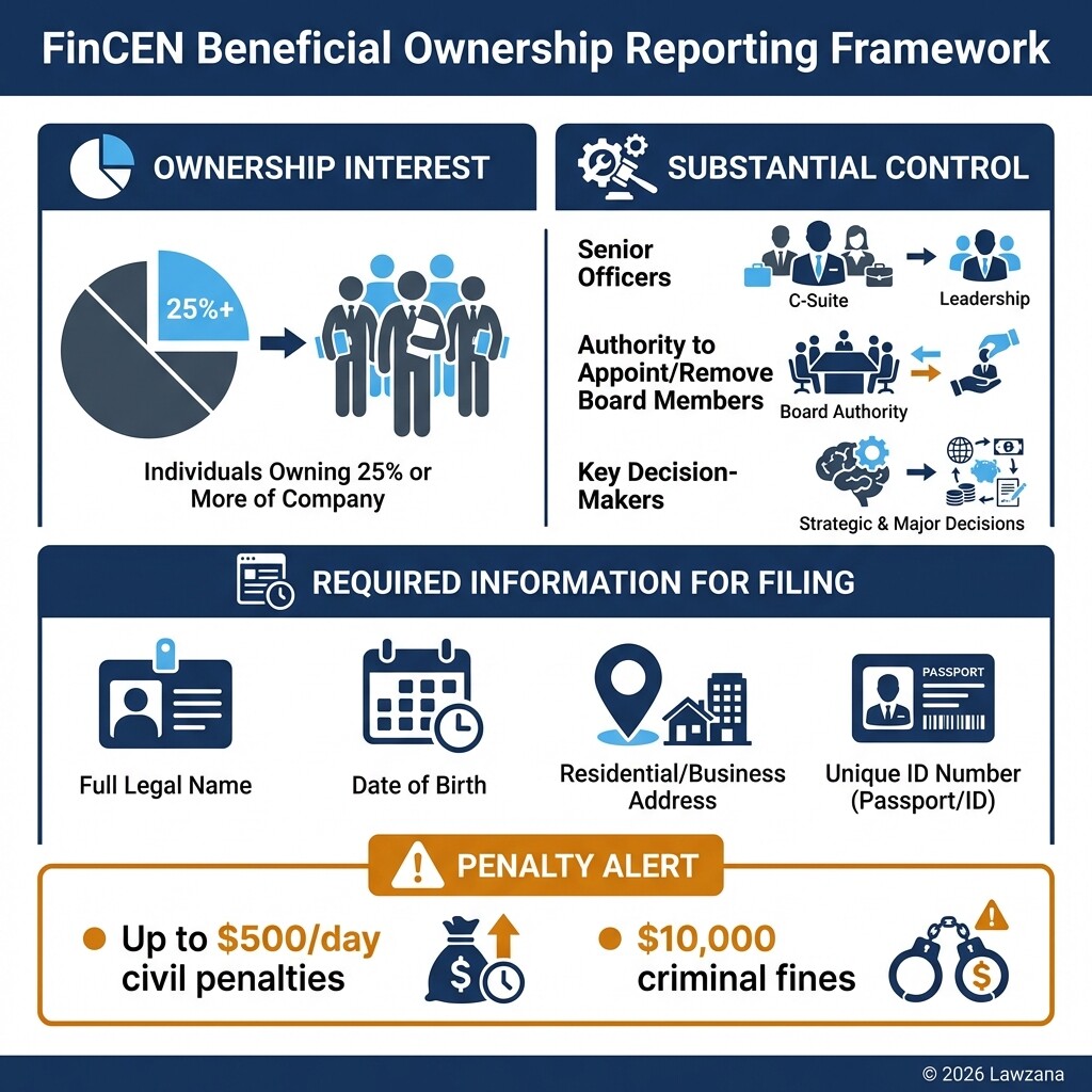 Infographic showing FinCEN beneficial ownership criteria and required reporting data for the CTA.