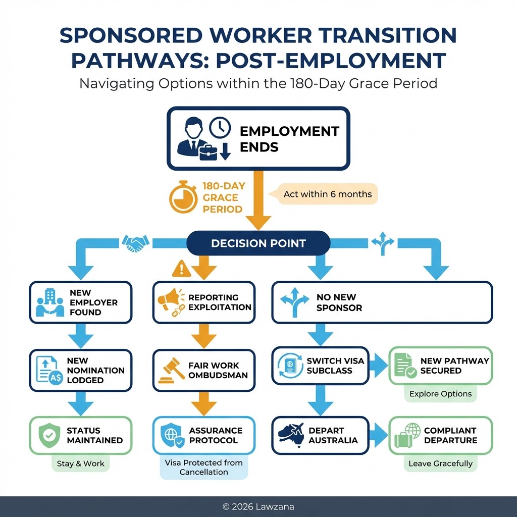 Flowchart of visa options and the 180-day grace period for sponsored workers in Australia.