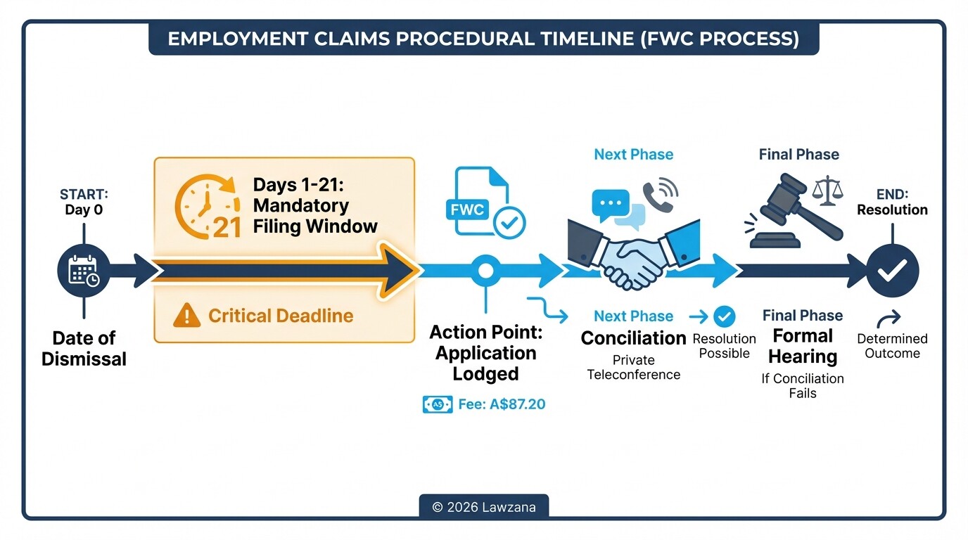 Timeline of the 21-day deadline and legal process for Australian unfair dismissal claims.