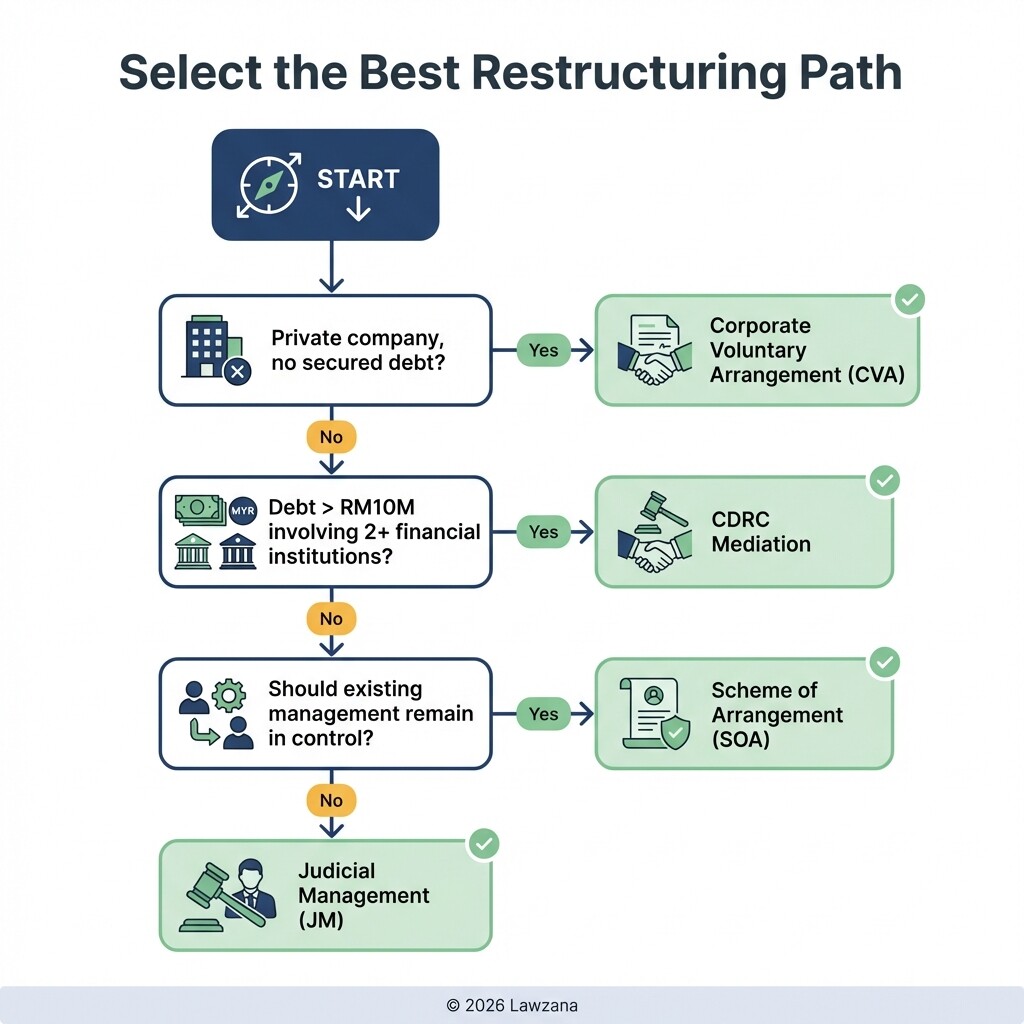 Decision tree diagram for choosing between CVA, JM, SOA, and CDRC restructuring options in Malaysia