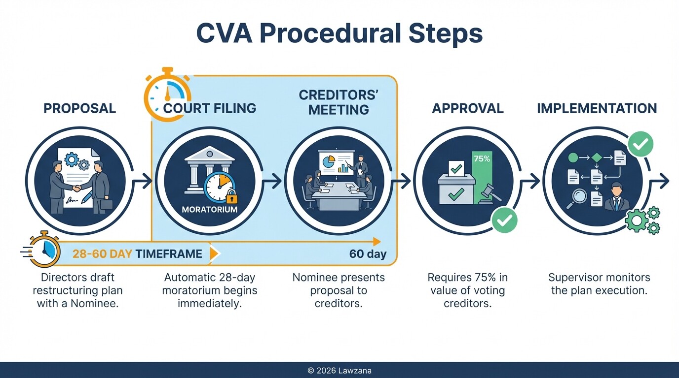Infographic showing the 5 stages of the Corporate Voluntary Arrangement (CVA) process