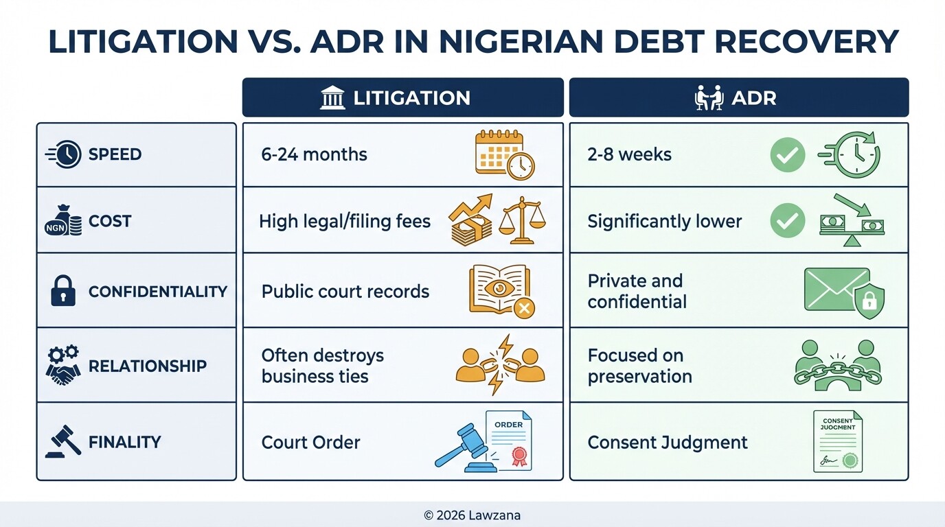 Comparison table of Litigation vs ADR for corporate debt recovery in Nigeria.