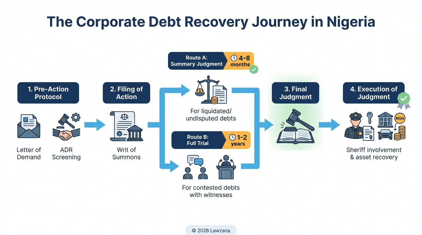 Flowchart showing the stages of debt recovery in Nigeria from demand letter to execution.