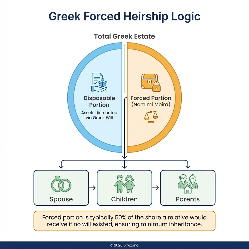 Diagram explaining the forced heirship rules and asset division under Greek inheritance law