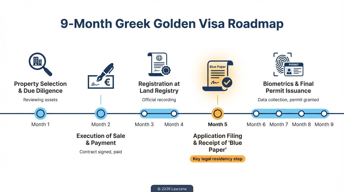 Timeline showing the 9-month process from property selection to Greek Golden Visa issuance