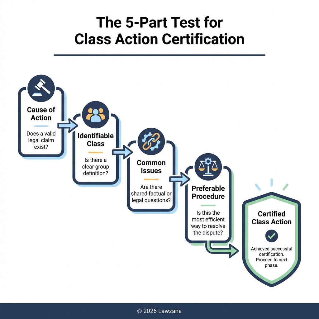Diagram outlining the five legal criteria required to certify a class action in Canada.