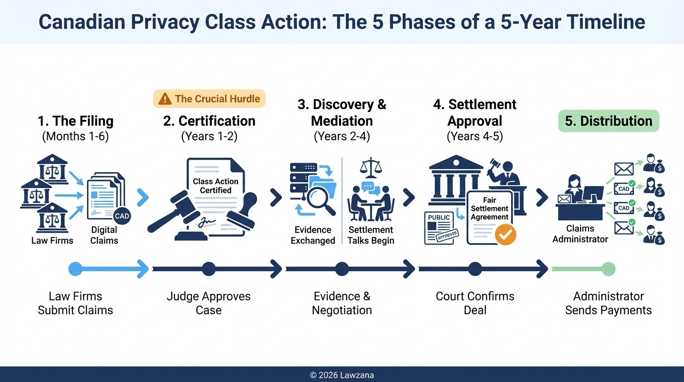 A 5-year timeline of a Canadian privacy class action from initial filing to fund distribution.