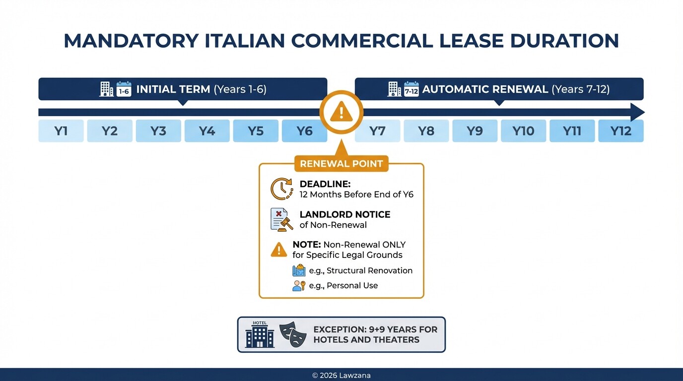 Timeline of the mandatory 6+6 year commercial lease structure in Italy