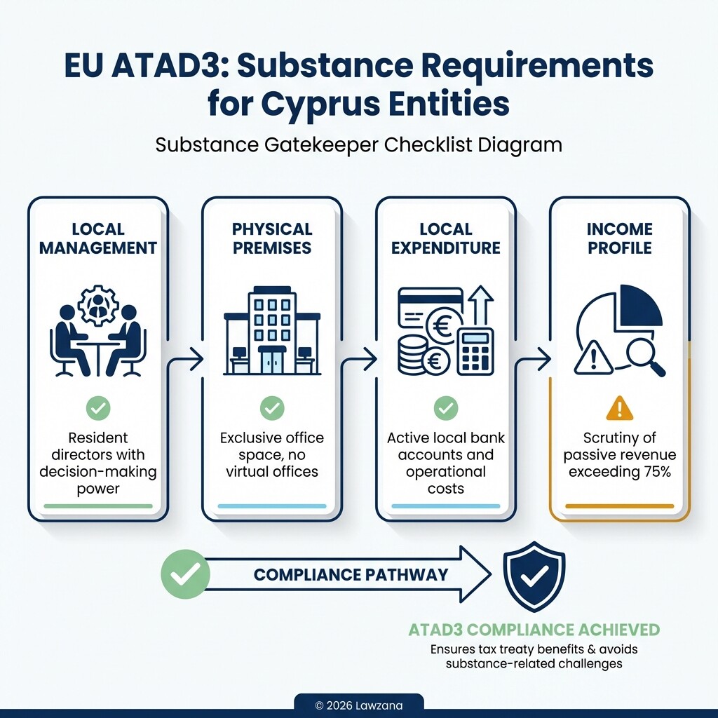 Infographic showing the four main substance requirements for Cyprus companies under ATAD3.