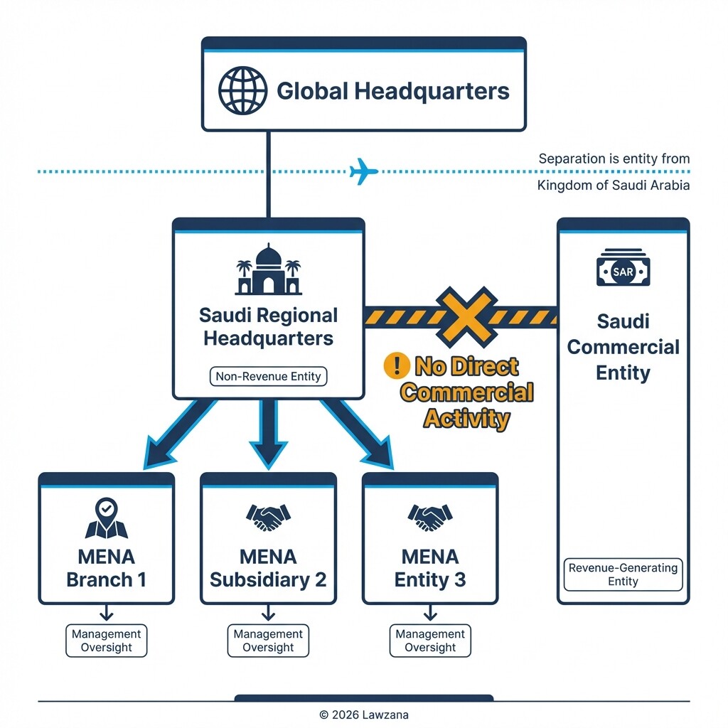 Diagram showing the non-revenue management structure of a Saudi RHQ versus commercial entities.