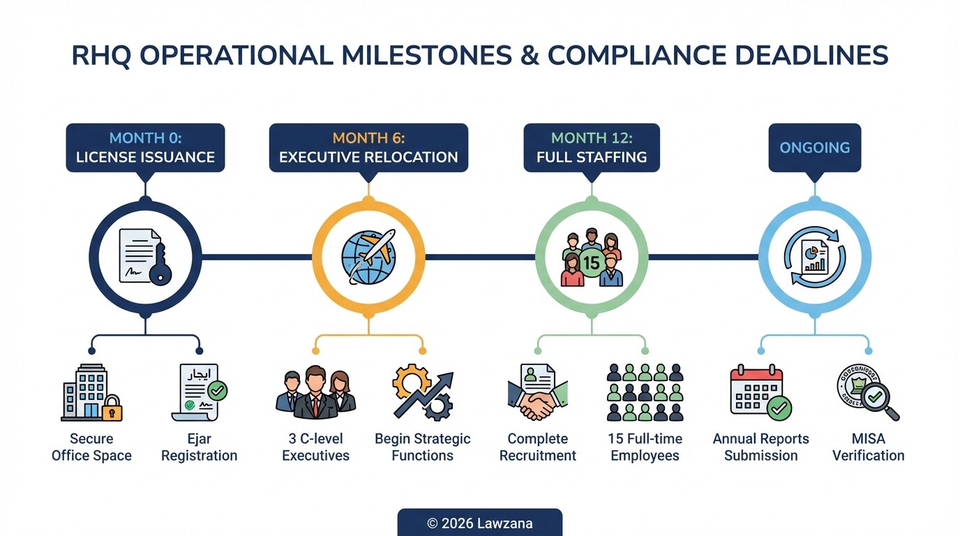Timeline of Saudi RHQ compliance requirements from license issuance to full staffing.