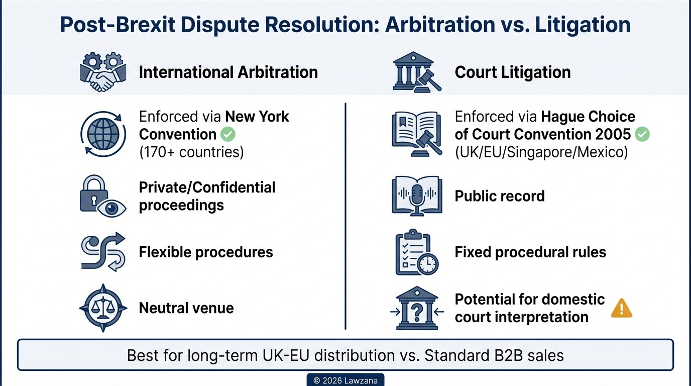 Comparison of international arbitration and court litigation for post-Brexit cross-border contracts