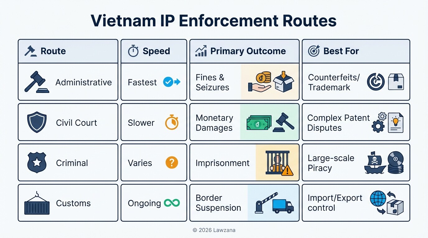 Comparison chart of administrative vs civil IP enforcement in Vietnam