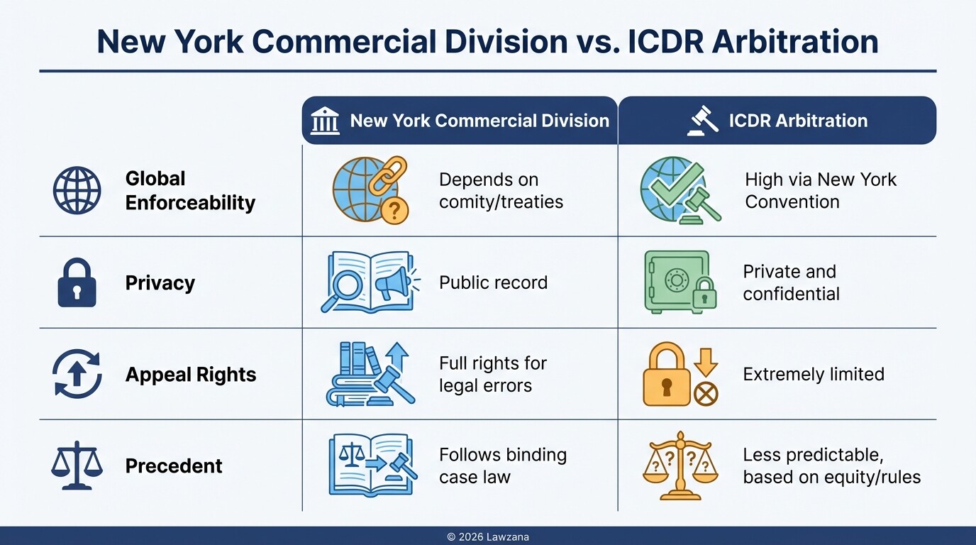 Comparison between New York State Court litigation and ICDR international arbitration.