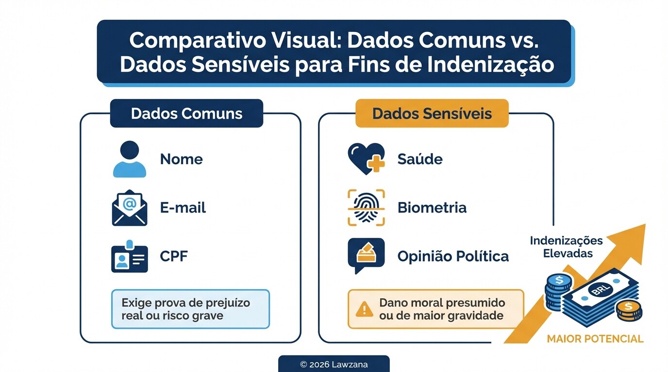 Comparação visual entre dados comuns e sensíveis e seus impactos no valor da indenização.