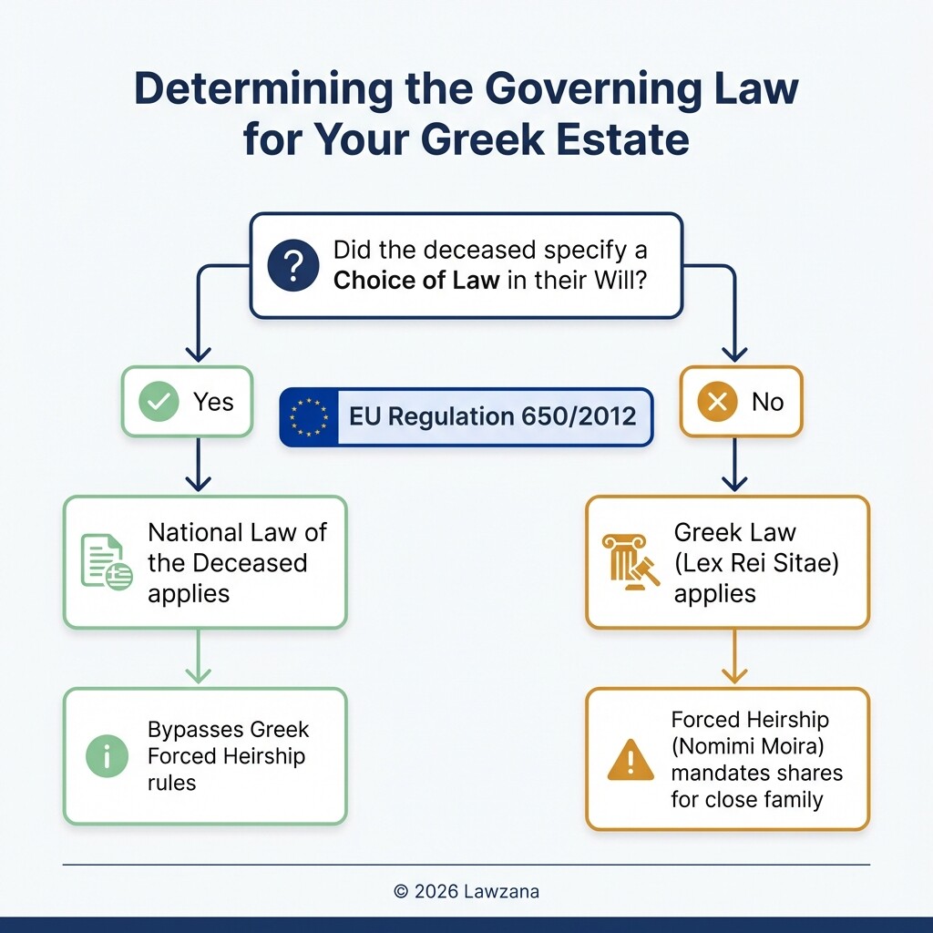 Decision tree showing how EU Regulation 650/2012 determines if Greek or National law applies.
