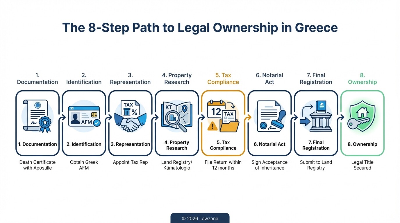 A step-by-step roadmap showing the legal process for non-residents inheriting Greek property.