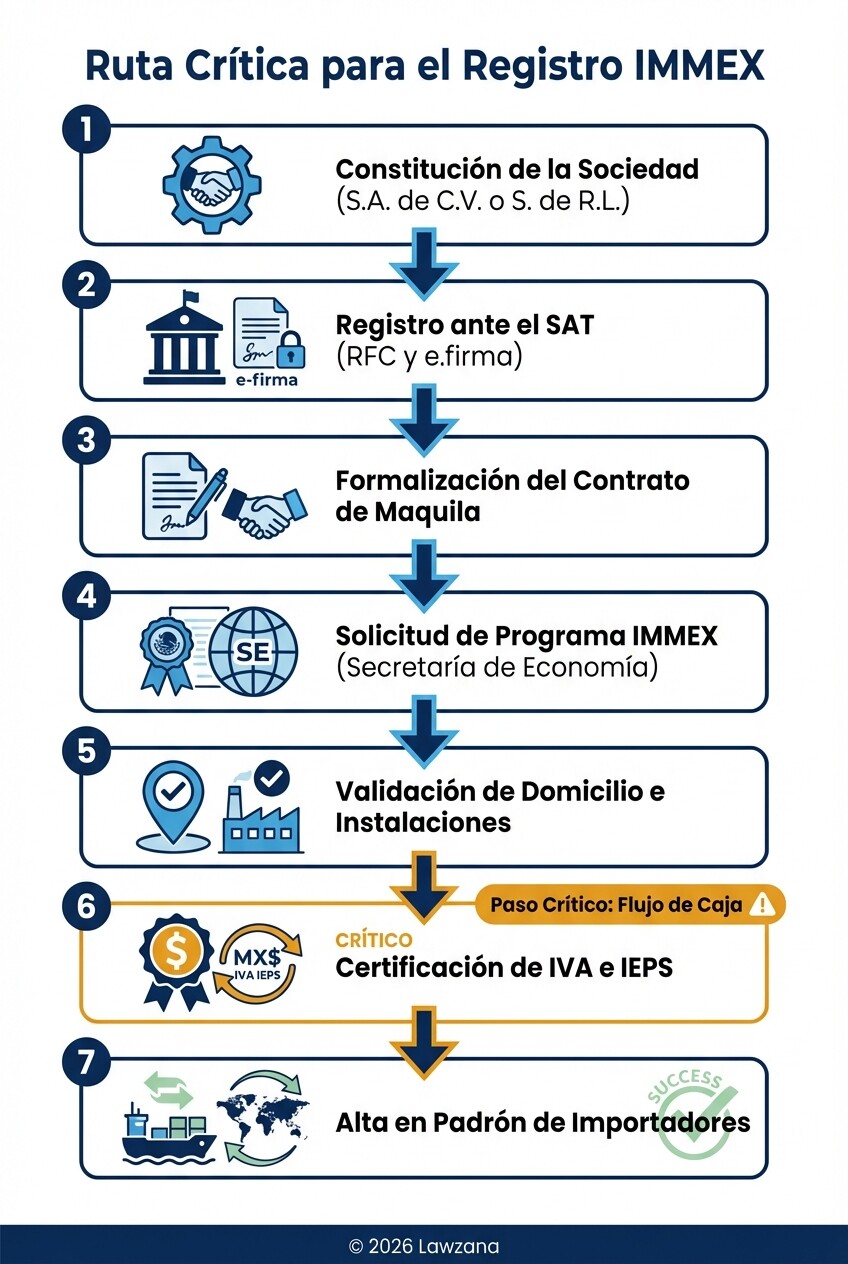 Diagrama de los 7 pasos legales para establecer una maquiladora IMMEX en México.
