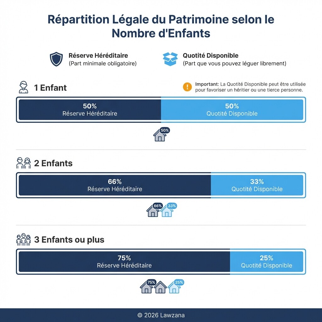 Schéma explicatif de la réserve héréditaire et de la quotité disponible selon le nombre d'enfants.