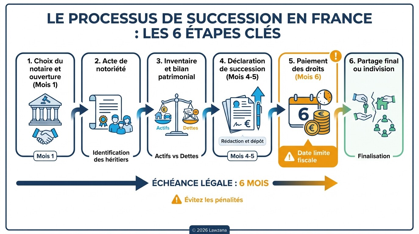 Infographie chronologique des 6 étapes clés du règlement d'une succession en France sur 6 mois.