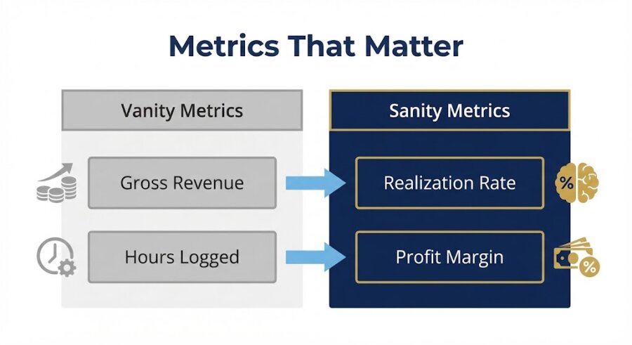 Infographic table comparing traditional law firm vanity metrics against modern profitability sanity metrics.