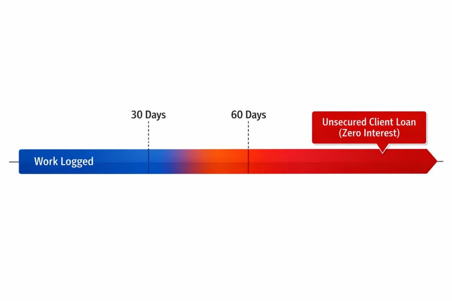 Timeline graphic showing the lifecycle of Work in Progress (WIP) aging into an unbilled, interest-free loan to the client.