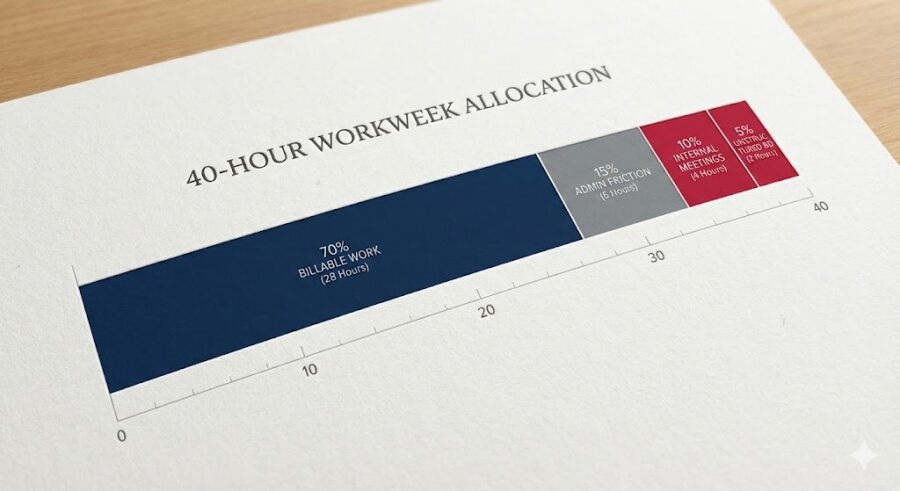 Stacked bar chart breaking down an attorney's weekly hours into billable work versus administrative and non-billable tasks.