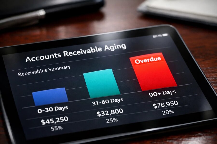 Close-up of a modern financial dashboard on a tablet displaying Accounts Receivable aging buckets.