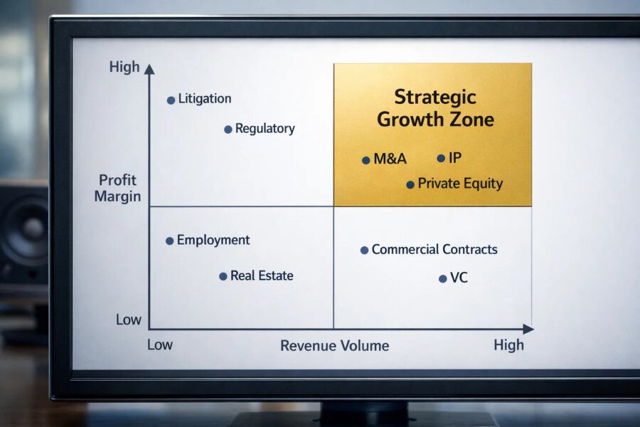 Four-quadrant scatter plot matrix plotting legal practice areas by revenue volume versus profit margin.