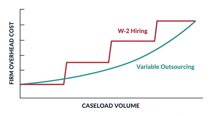 A line graph comparing the rigid, step-by-step cost increases of W-2 hiring against the smooth, adaptable cost curve of variable legal outsourcing.