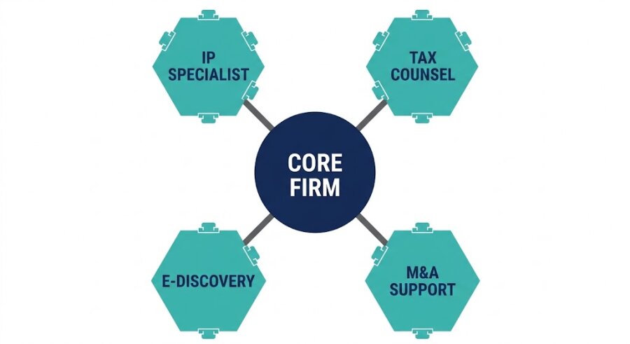 A hub-and-spoke diagram showing a central boutique law firm connecting outward to various modular nodes representing freelance legal specialists.