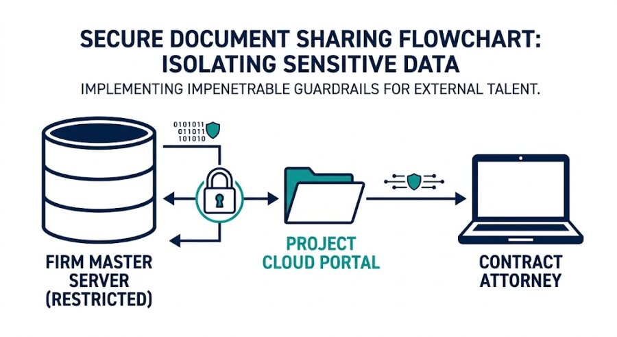 A data security flowchart showing restricted access from a firm's main server, filtering only necessary files into an isolated cloud portal for the contract attorney.