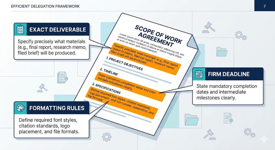 A visual breakdown of a Scope of Work document, with callout boxes pointing to essential sections like deliverables, deadlines, and formatting rules.