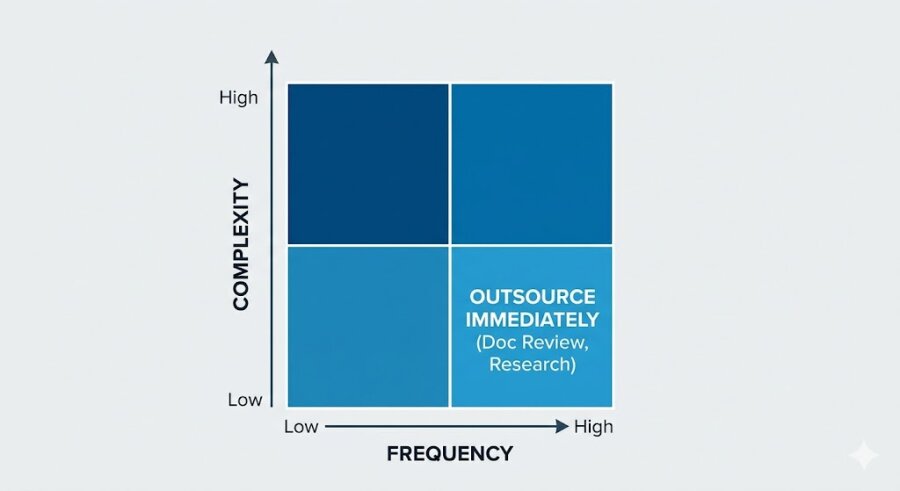 A 2x2 decision matrix charting task complexity against frequency, highlighting routine work as the prime target for legal outsourcing.