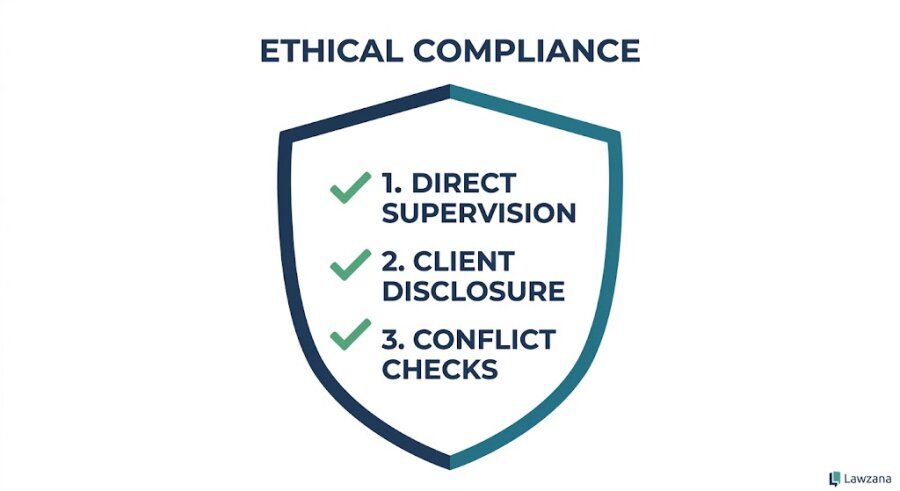 An infographic shaped like a shield displaying a 3-step checklist for ethical outsourcing: Direct Supervision, Client Disclosure, and Conflict Checks.