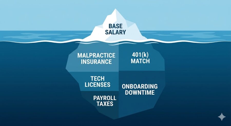An iceberg infographic showing that a lawyer's base salary is just the visible tip, while insurance, taxes, and tech licenses form a massive hidden cost below the surface.